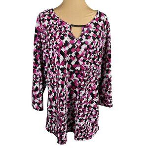 Avenue Geo Print Top Keyhole Ribbed Pink Black White Size 18/20